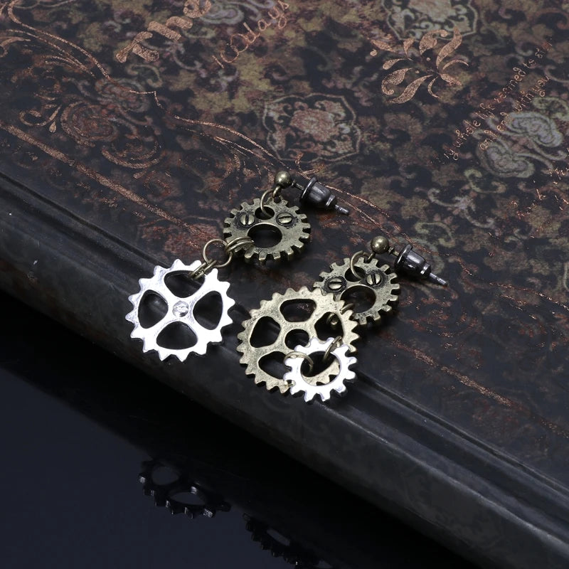 Boucles d’oreilles Steampunk Antique — Engrenages et chaîne bronze - Steampunk Style