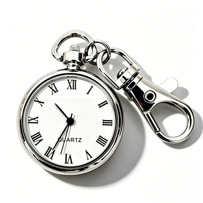 Roman Numeral Keyring Watch - Station — White dial and clip, silver-tone finish