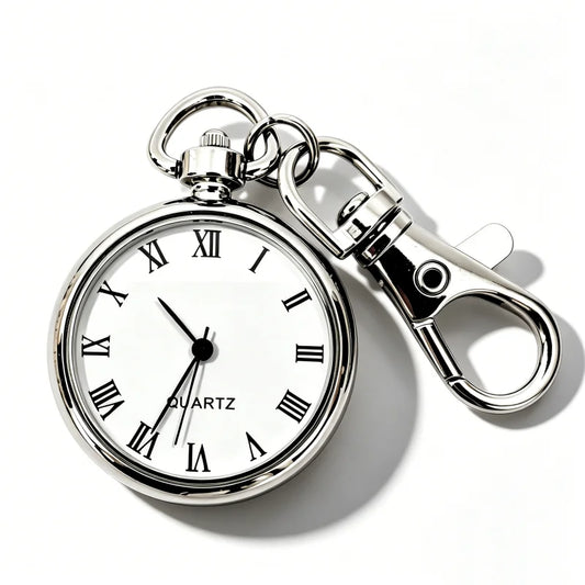 Montre Porte-Clés à Chiffres Romains - Station — Cadran blanc et mousqueton, finition argentée