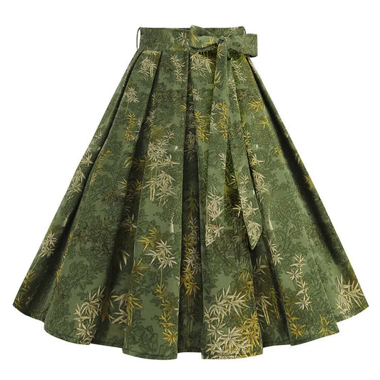 Jupe Style Victorienne Verte - imprimé botanique, plissée et ceinturée