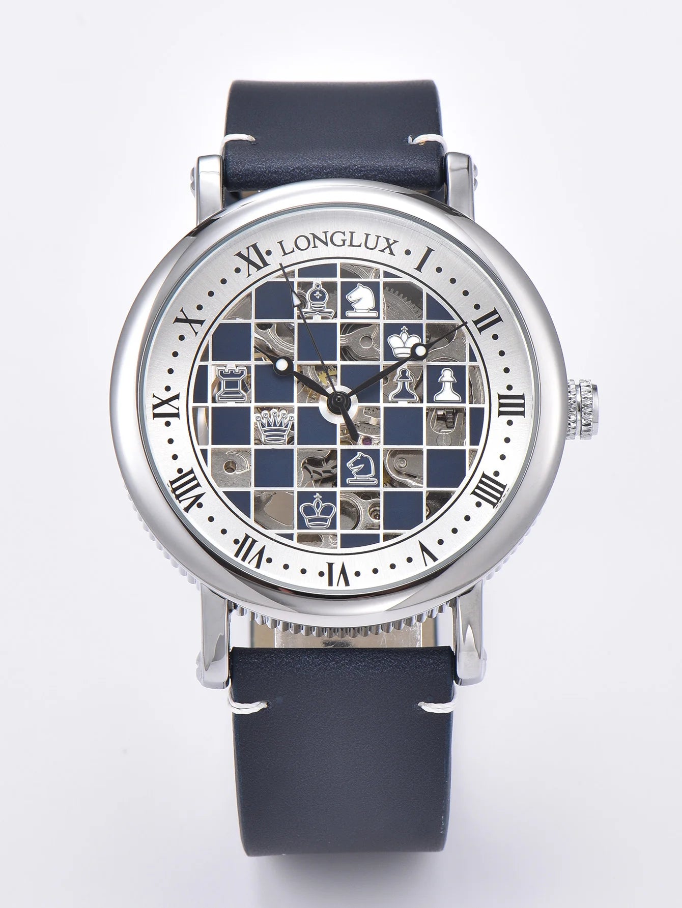 Montre Squelette Homme à Cadran Échiquier - Argenté, bracelet bleu