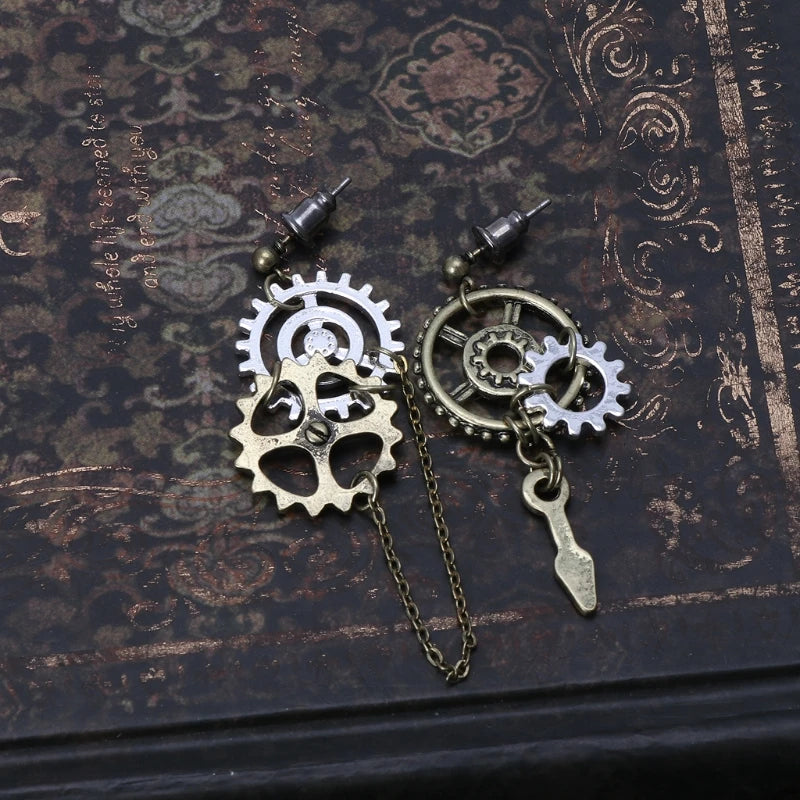 Boucles d’oreilles Steampunk Antique — Engrenages et chaîne bronze - Detail finitions