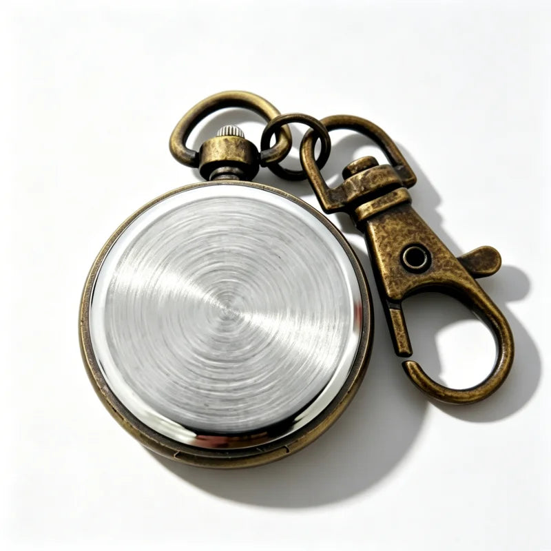 Roman Numeral Keyring Watch - Station — Back of bronze-tone case and clip