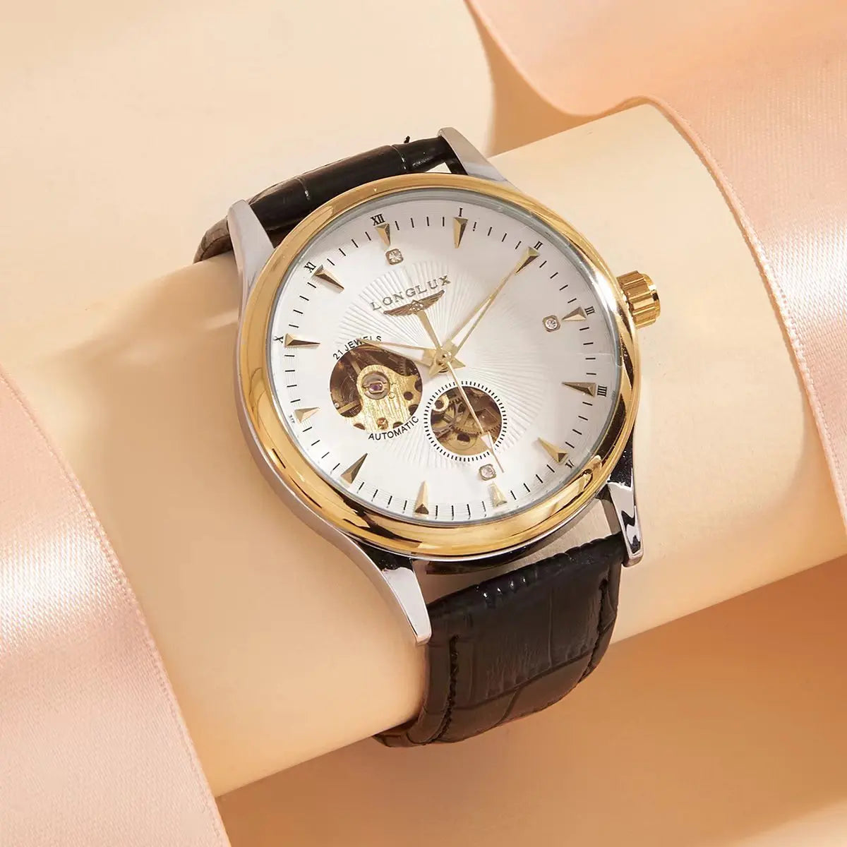 Men’s Classic Automatic Watch with Double Opening — Two-tone, dial white, strap black