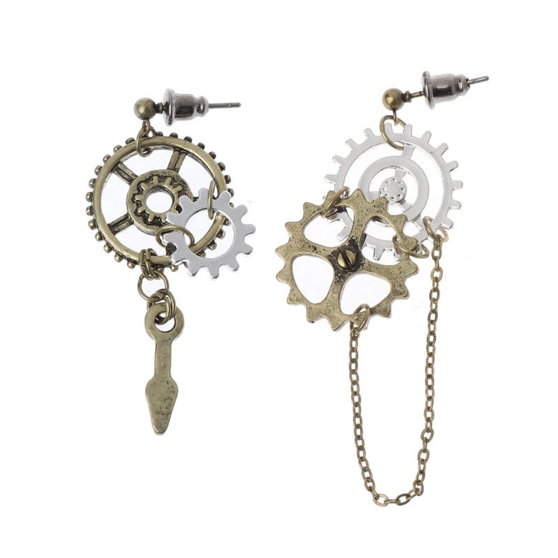 Boucles d’oreilles Steampunk Antique — Engrenages et chaîne bronze