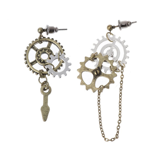 Boucles d’oreilles Steampunk Antique - Engrenages et chaîne bronze