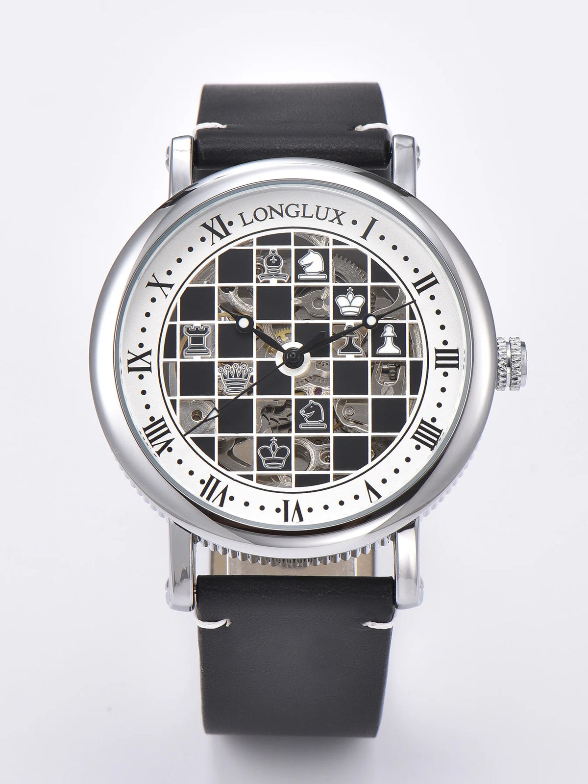Montre Squelette Homme à Cadran Échiquier - Argenté, bracelet noir
