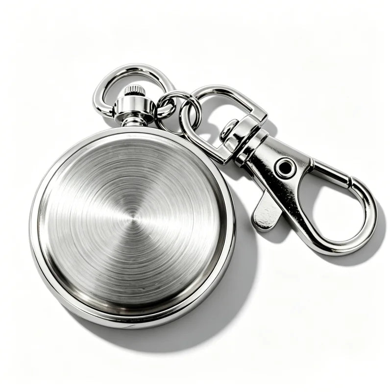 Roman Numeral Keyring Watch - Station — Back of silver-tone case and clip