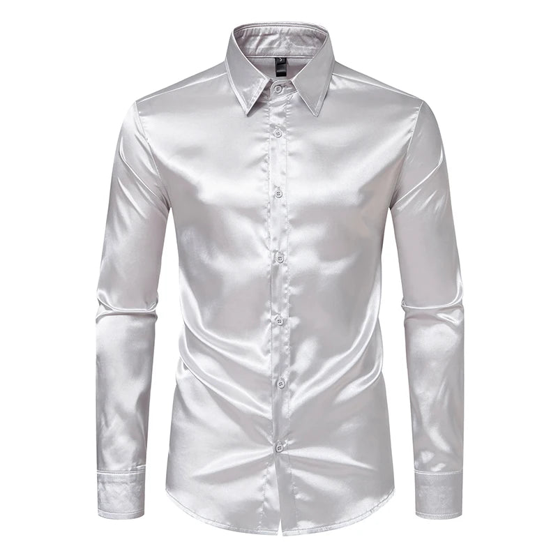 Chemise à manches longues pour homme - Chemise à carreaux - Couleur unie - Imitation satin de soie brillante Chemise à manches longues pour homme - Chemise à carreaux - Couleur unie - Imitation satin de soie brillante