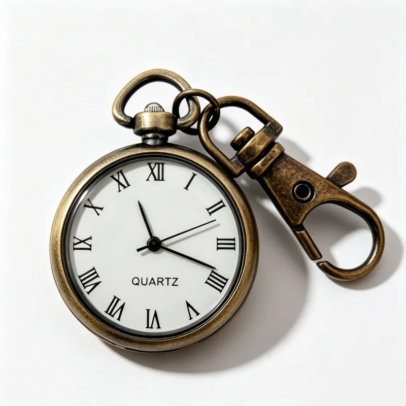 Roman Numeral Keyring Watch - Station — White dial and clip, bronze-tone finish