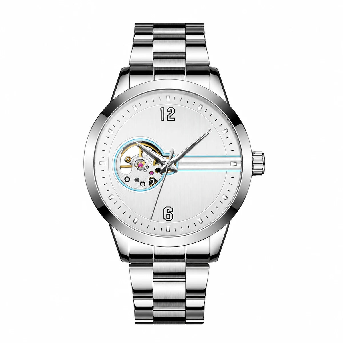 Reloj Automático para Hombre de Corazón Abierto y Acero — Plateado, esfera blanco