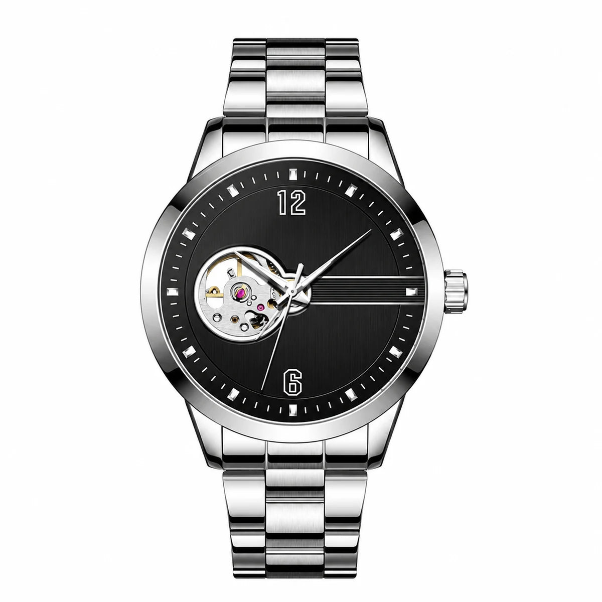 Reloj Automático para Hombre de Corazón Abierto y Acero — Plateado, esfera negro