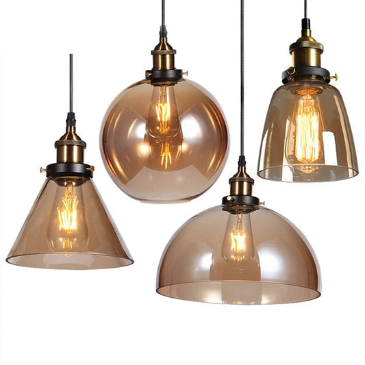 Candeeiro Suspenso Vintage em Vidro Âmbar - Luminária Steampunk Edison