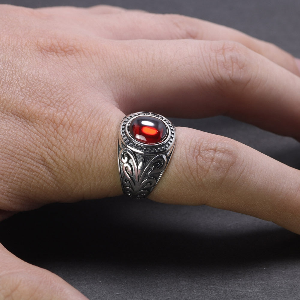 Bague Homme Grenat Naturel 8x10mm - Argent 925 Style Art Déco Vintage - Taille Personnalisable