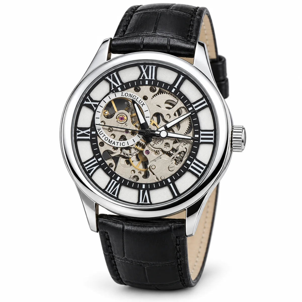 Reloj esqueleto con números romanos — presentación sobre fondo blanco, caja plateada y correa negra