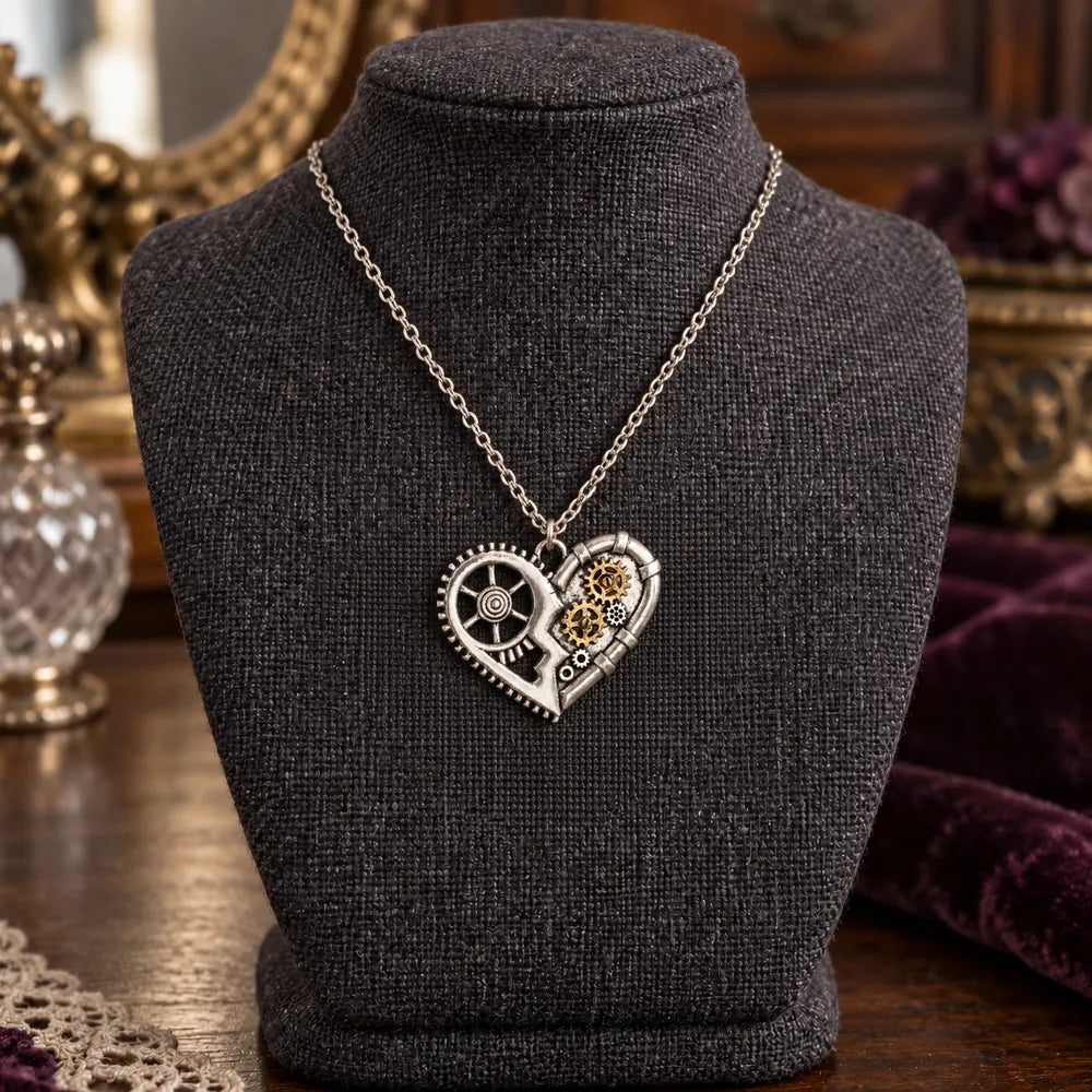 Cordelia — collana cuore argentata con ingranaggi su espositore scuro, ambiente vittoriano