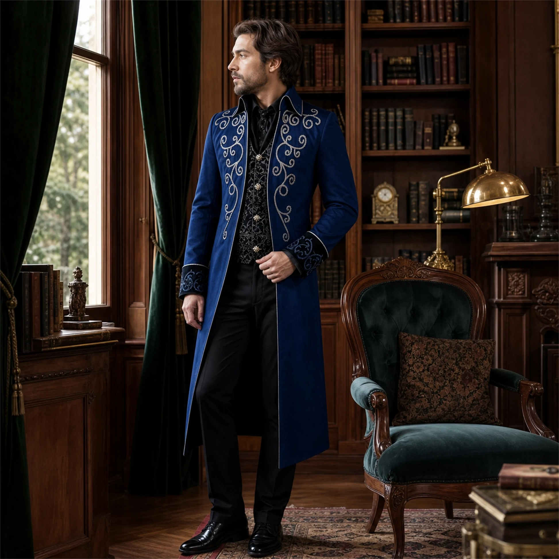 Costume redingote homme Impériale bleu porté par un mannequin debout dans une bibliothèque victorienne chaleureuse