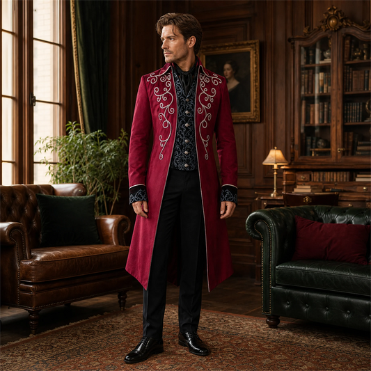 Costume redingote homme Impériale rouge porté par un mannequin debout dans un salon victorien chaleureux