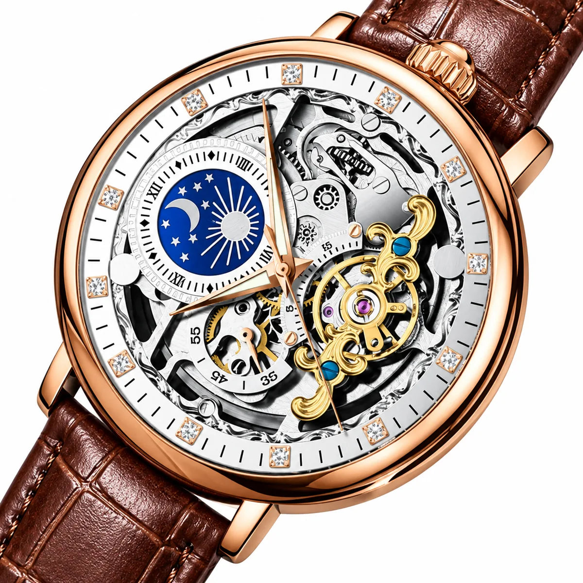 Reloj esqueleto con decoración celeste — primer plano inclinado sin marca, caja oro rosa y correa marrón