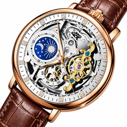 Orologio scheletrato con decoro celeste — primo piano inclinato senza marchio, cassa oro rosa e cinturino marrone