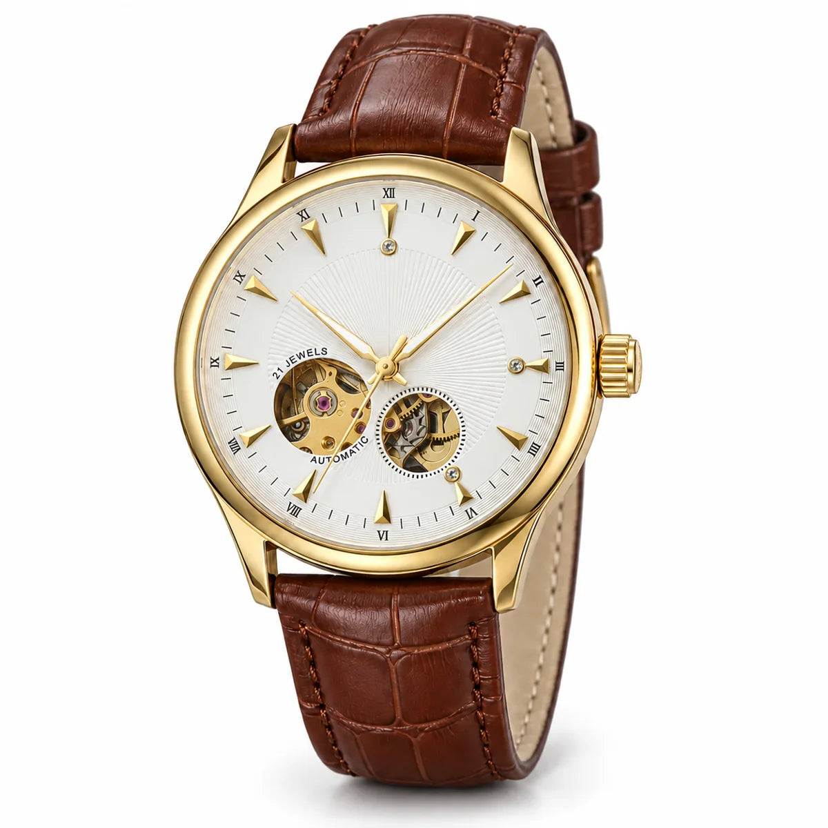 Double open-heart automatic watch — white-background presentation, gold case and brown strap