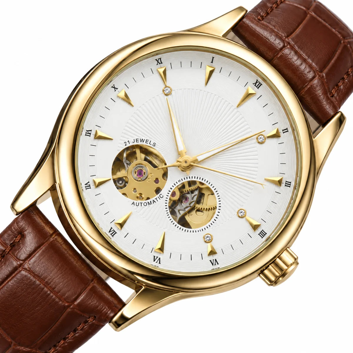 Double open-heart automatic watch — angled close-up, gold case and brown strap