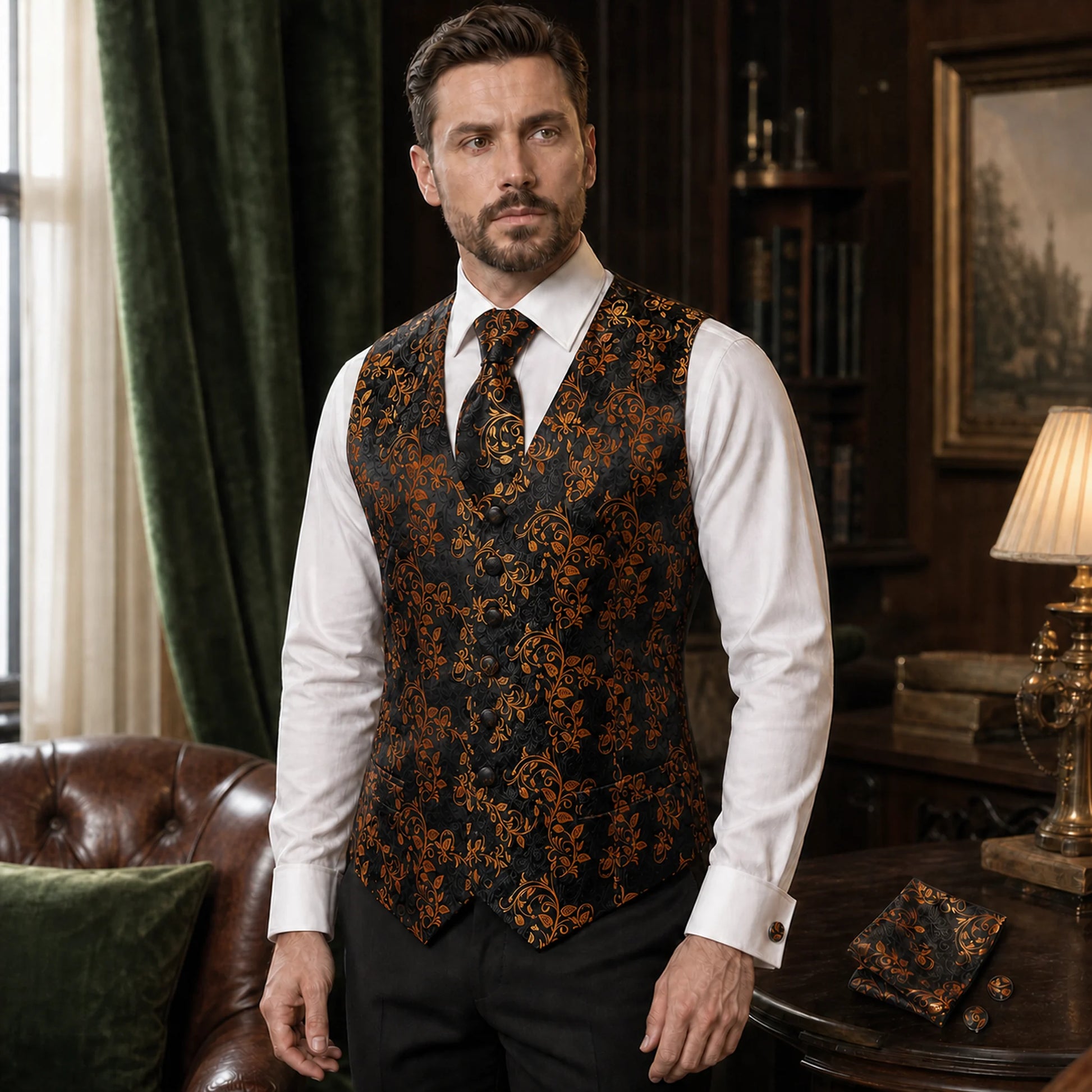 Mannequin adulte portant Gilet Habillé Homme Steampunk en coloris Unique dans un intérieur victorien chaleureux