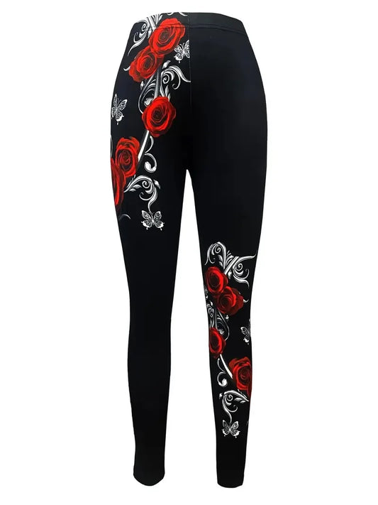 Red Roses Leggings - Black Baccara