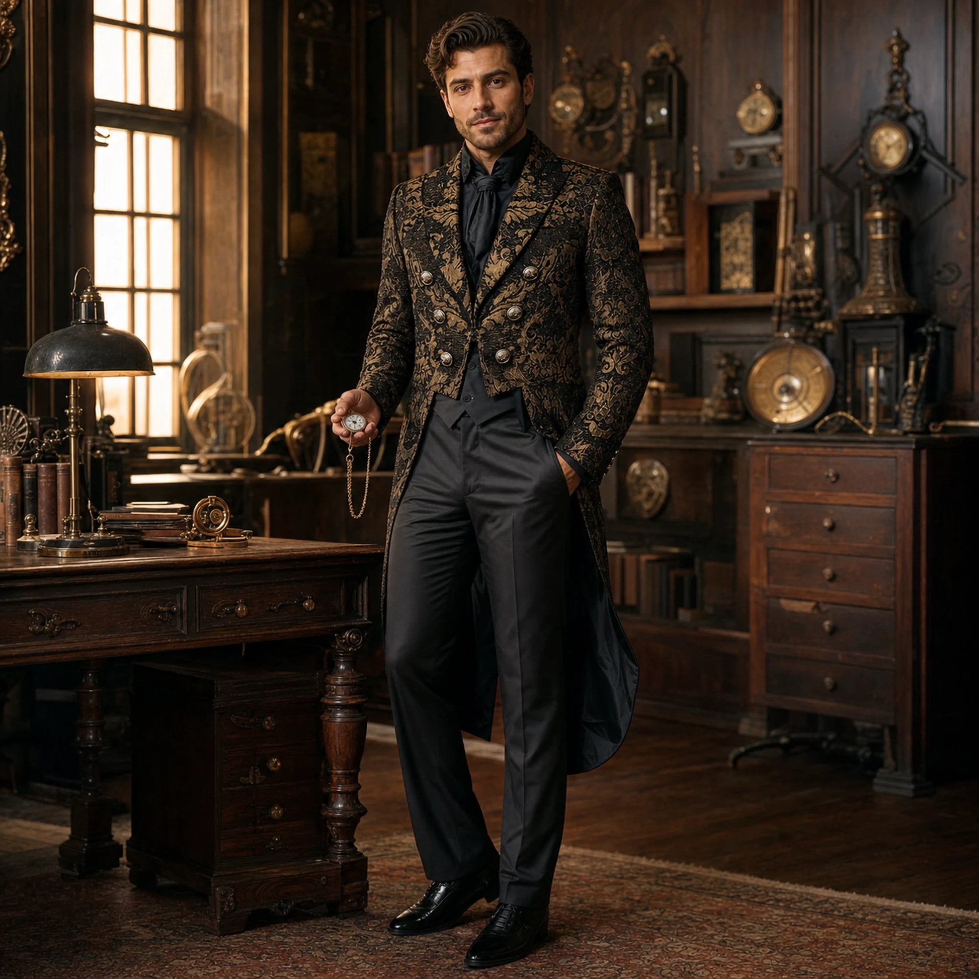 Veste queue de pie homme Lord Wellington noire et dorée, portée par un homme dans une bibliothèque victorienne chaleureuse