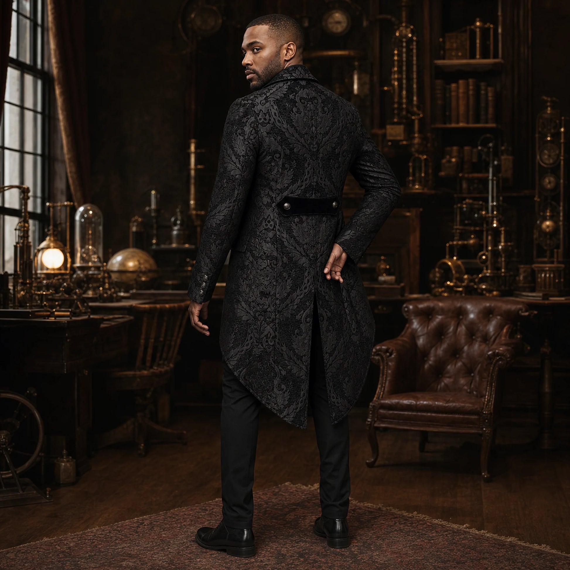 Veste queue de pie homme Lord Wellington noire, portée par un homme dans un atelier victorien chaleureux, vue arrière