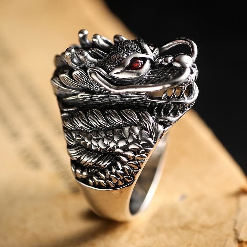 Bague Homme Dragon Argent de profil