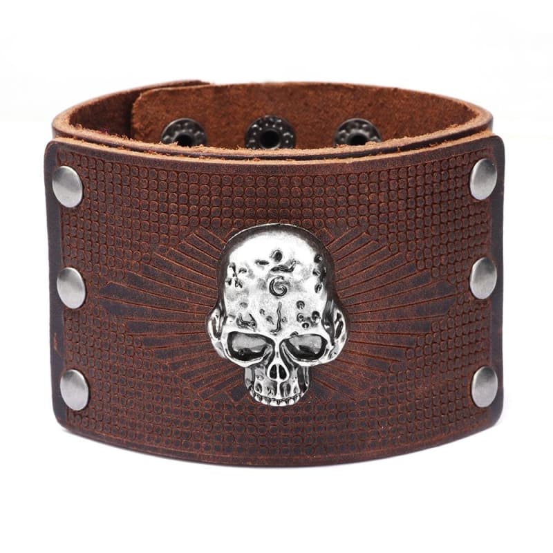 Bracelet Cuir Homme Tete De Mort de face | Steampunk Store