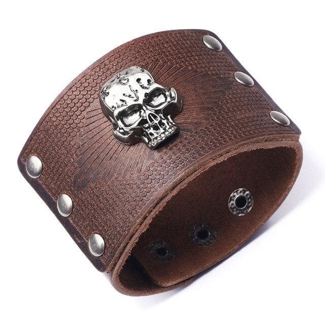 Bracelet Cuir Homme Tete De Mort marron | Steampunk Store