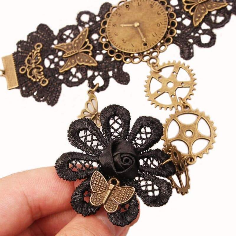 Set Accessoires Gothique Steampunk Femme - Collier + 2 Bracelets Dentelle Noire, Pour Cosplay, Halloween, Soirée