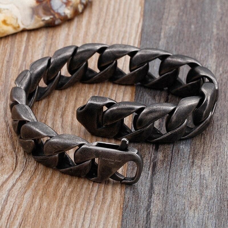 Bracelet Homme Acier Noir enroulé et ouvert