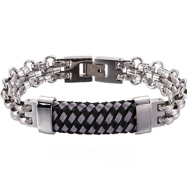 Bracelet Homme Cuir et Acier Inoxydable argenté