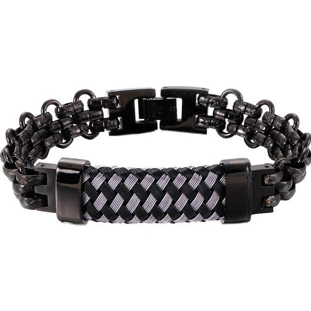 Bracelet Homme Cuir et Acier Inoxydable noir