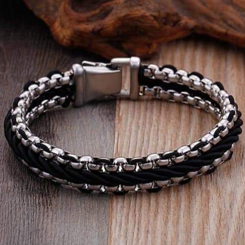 Bracelet Homme En Cuir Tressé Et Acier argenté