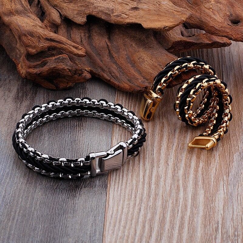 Bracelet Homme En Cuir Tressé Et Acier argenté et doré