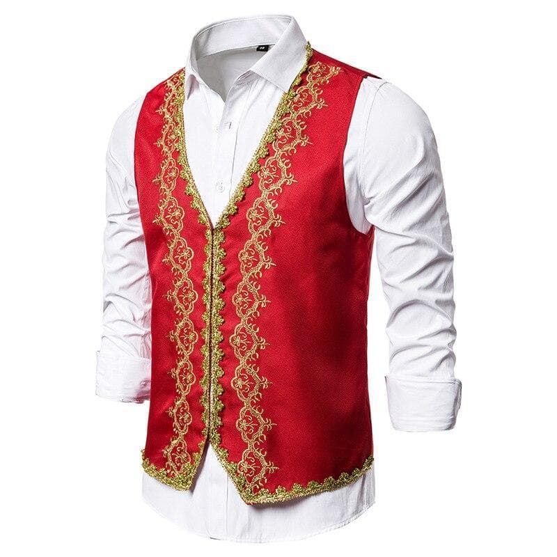 Gilet Homme Brodé rouge de coté | Steampunk Store