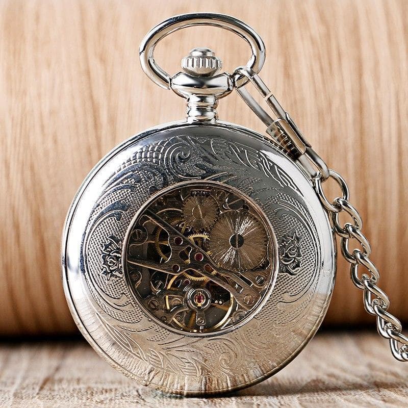 montre à gousset argent arriere en présentation - Steampunkstore