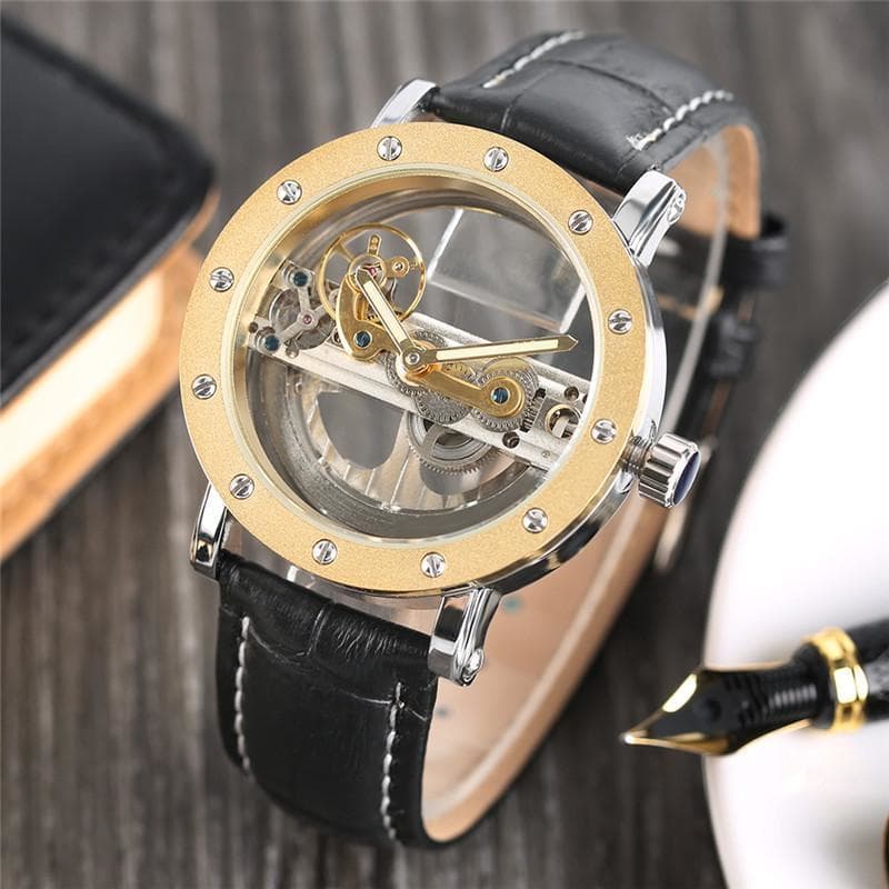 Montre Automatique Squelette pour Homme Or posée -steampunk store