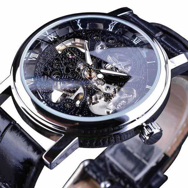 montre automatique squelette argent noir