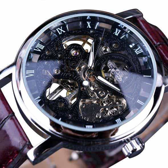 montre automatique squelette argent marron