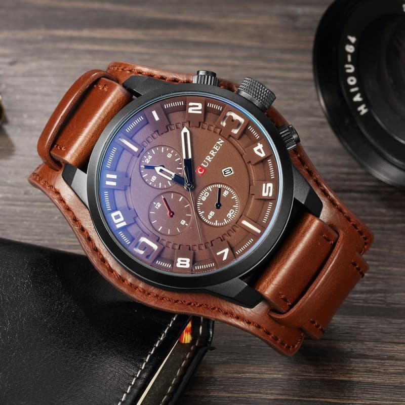 Montre Bracelet en Cuir Orange / Marron - Steampunkstore présentation