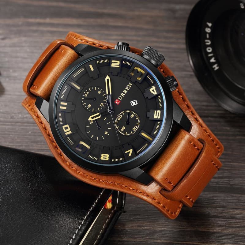 Montre Bracelet en Cuir Orange / Noire - Steampunkstore présentation 3