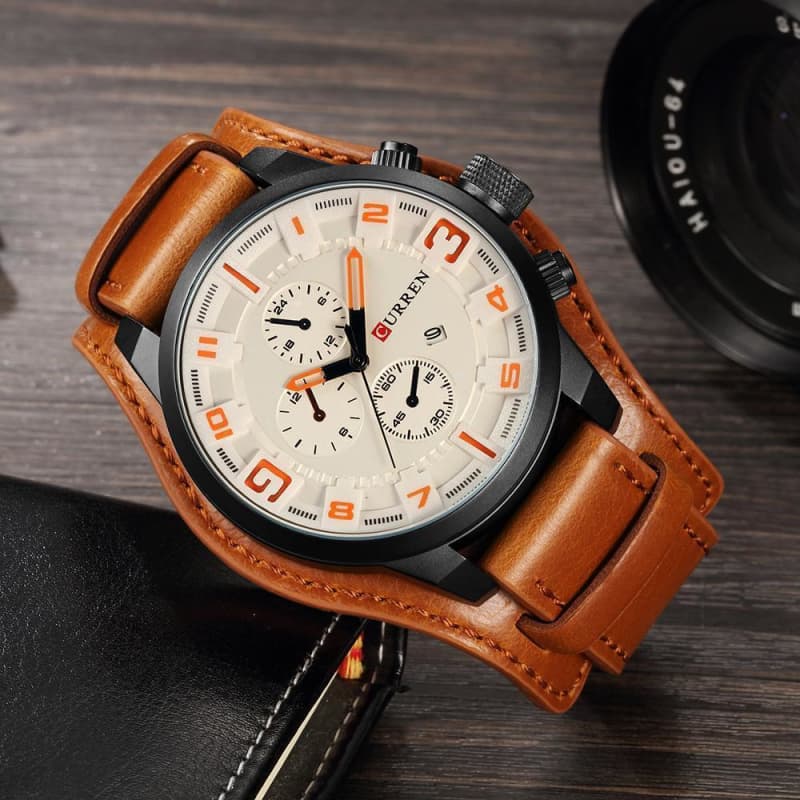 Montre Bracelet en Cuir Orange / Blanche - Steampunkstore présentation 2