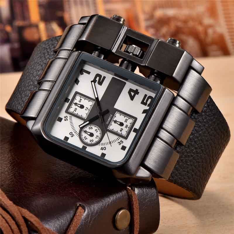 Montre Carrée pour Homme blanche en présentation | Steampunk-store