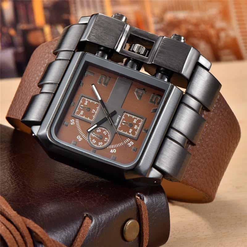 Montre Carrée pour Homme marron en présentation | Steampunk-store