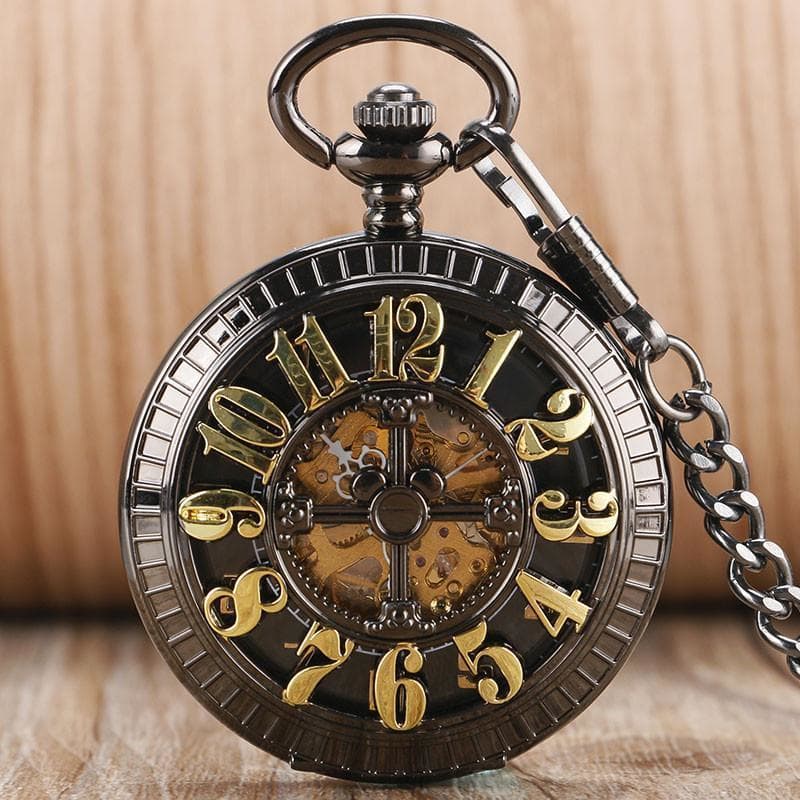 montre gousset squelette automatique sur fond bois - Steampunk Store